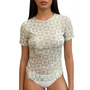 MISS CHIEVOUS Sheer Blouse w Undershirt Checkered Smiley Flowers Womens‎ M New